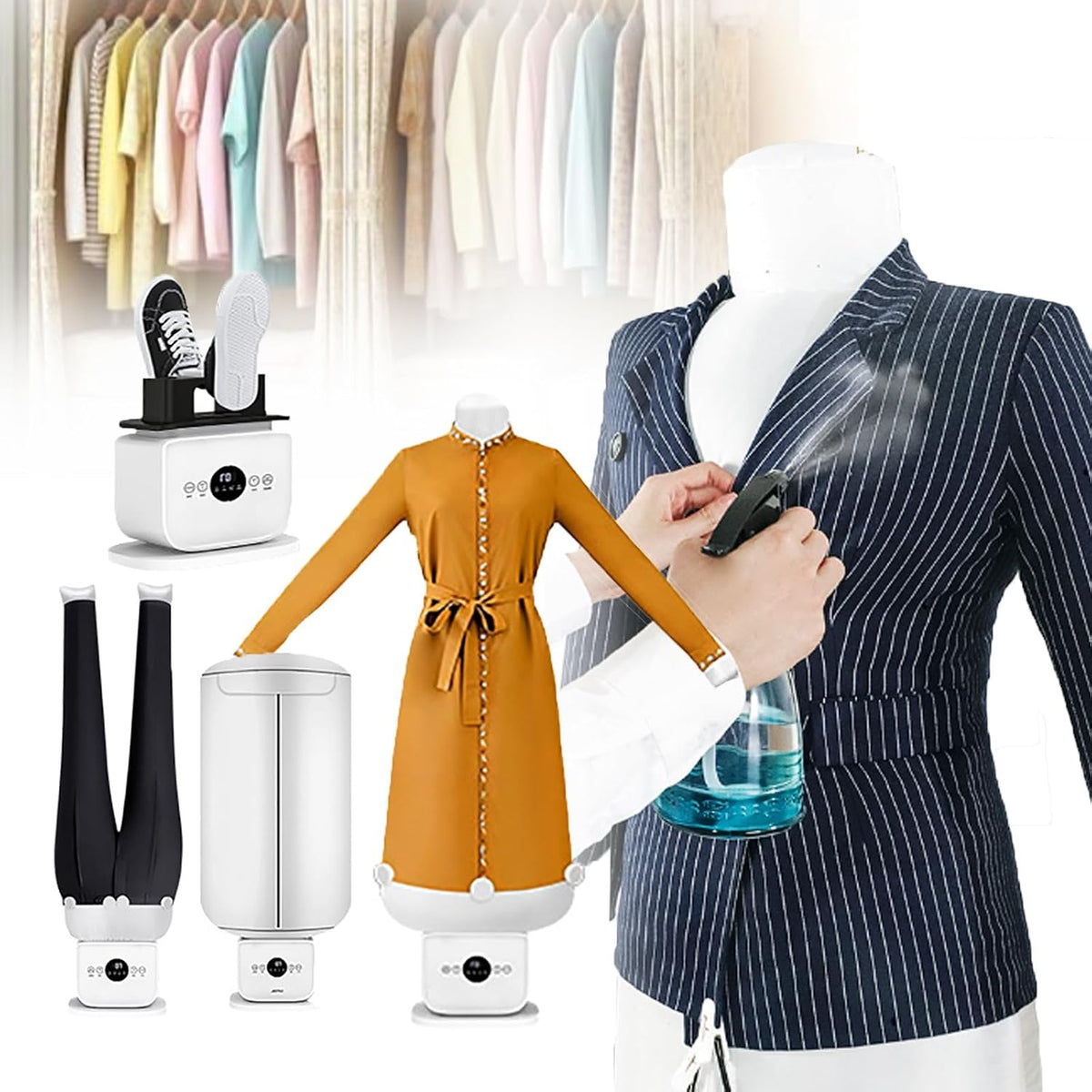 Choisissez ce mannequin de repassage au format peu encombrant en coloris bleu et blanc